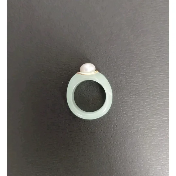 Natural Green Jade Pearl 14k Solid Yellow Gold Accent Ring Size 6 Brand New - Picture 5 of 8